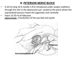 8- PETERSON NERVE BLOCK
• A 10 cm long 16 G needle is first introduced under aseptic coditions
through the skin in the depression just caudal to the point where the
supraorbital process meets the zygomatic arch ventrally
• Inject 15-20 ml of lidocaine
INDICATION : Enucleation of the eye ball and eyelid
 