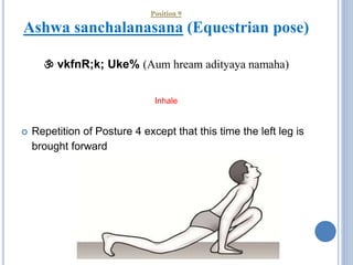 Position 10
Padahastasana (Hand to foot pose)
 Lkkfo=s Uke% (Aum hraim savitre namaha)
Exhale
 Repetition of Posture 3
 