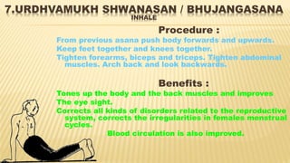 7.URDHVAMUKH SHWANASAN / BHUJANGASANA
INHALE
Procedure :
From previous asana push body forwards and upwards.
Keep feet together and knees together.
Tighten forearms, biceps and triceps. Tighten abdominal
muscles. Arch back and look backwards.
Benefits :
Tones up the body and the back muscles and improves
The eye sight.
Corrects all kinds of disorders related to the reproductive
system, corrects the irregularities in females menstrual
cycles.
Blood circulation is also improved.
 