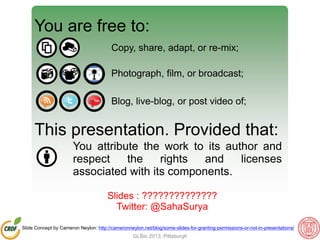 You are free to:
Copy, share, adapt, or re-mix;
Photograph, film, or broadcast;
Blog, live-blog, or post video of;
This presentation. Provided that:
You attribute the work to its author and
respect the rights and licenses
associated with its components.
Slide Concept by Cameron Neylon: http://cameronneylon.net/blog/some-slides-for-granting-permissions-or-not-in-presentations/
Slides : http://www.slideshare.net/suryasaha/surya-saha-glbio2013
Twitter: @SahaSurya
GLBio 2013, Pittsburgh
 