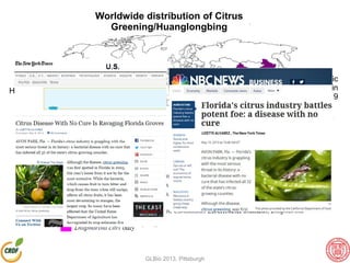 HLB found in Florida
2005
Worldwide distribution of Citrus
Greening/Huanglongbing
1st scientific
report of HLB in
China – 1919
GLBio 2013, Pittsburgh
 