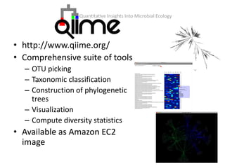 • http://www.qiime.org/
• Comprehensive suite of tools
– OTU picking
– Taxonomic classification
– Construction of phylogenetic
trees
– Visualization
– Compute diversity statistics
• Available as Amazon EC2
image
 