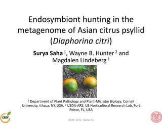 Endosymbiont hunting in the
metagenome of Asian citrus psyllid
(Diaphorina citri)
Surya Saha1, Wayne B. Hunter 2 and
Magdalen Lindeberg 1Magdalen Lindeberg
1 Department of Plant Pathology and Plant-Microbe Biology, Cornell
University, Ithaca, NY, USA, 2 USDA-ARS, US Horticultural Research Lab, Fort
Peirce, FL, USA
SFAF 2012, Santa Fe
 