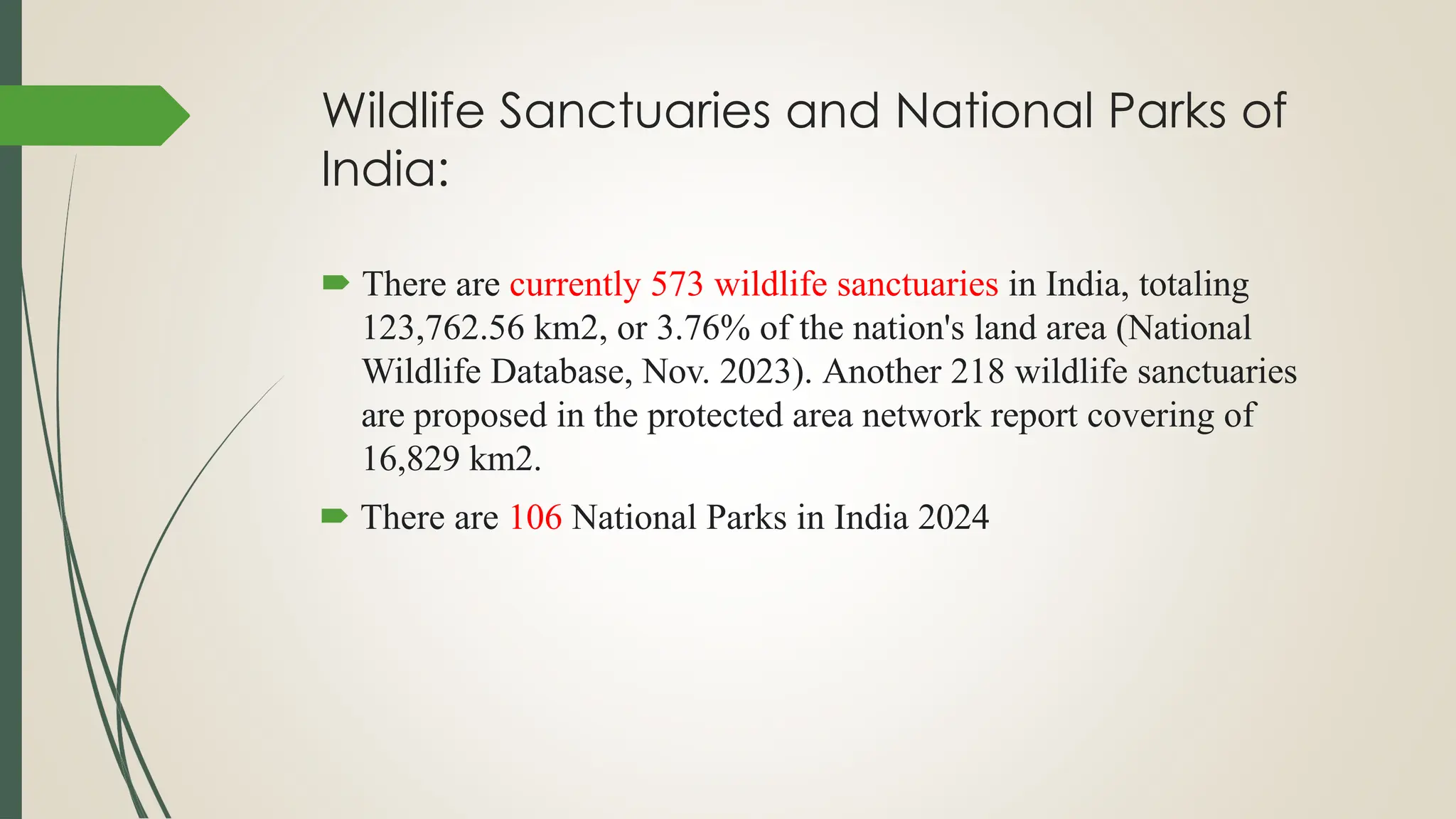 Wildlife Sanctuaries and National Parks of
India:
 There are currently 573 wildlife sanctuaries in India, totaling
123,762.56 km2, or 3.76% of the nation's land area (National
Wildlife Database, Nov. 2023). Another 218 wildlife sanctuaries
are proposed in the protected area network report covering of
16,829 km2.
 There are 106 National Parks in India 2024
 