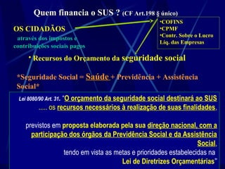 Quem financia o SUS ?Quem financia o SUS ? (CF Art.198 § único)(CF Art.198 § único)
• Recursos do Orçamento da seguridade social
*Seguridade Social = SaúdeSaúde + Previdência + Assistência
Social*
•COFINS
•CPMF
•Contr. Sobre o Lucro
Líq. das Empresas
OS CIDADÃOS
através dos impostos e
contribuições sociais pagos
Lei 8080/90 Art. 31. “O orçamento da seguridade social destinará ao SUS
..... os recursos necessários à realização de suas finalidades,
previstos em proposta elaborada pela sua direção nacional, com a
participação dos órgãos da Previdência Social e da Assistência
Social,
tendo em vista as metas e prioridades estabelecidas na
Lei de Diretrizes Orçamentárias”
 