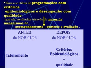 • Passa a se utilizar de programações com
critérios
epidemiológicos e desempenho com
qualidade;
que são avaliadas através de novos de
mecanismos de
acompanhamento , controle e avaliação .
ANTESANTES
da NOB 01/96
DEPOISDEPOIS
da NOB 01/96
faturamentofaturamento
CritériosCritérios
EpidemiológicosEpidemiológicos
++
qualidadequalidade
 