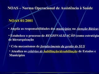 NOAS – Norma Operacional de Assistência à SaúdeNOAS – Norma Operacional de Assistência à Saúde
NOAS 01/2001NOAS 01/2001
• Amplia as responsabilidades dos municípios na Atenção Básica;
• Estabelece o processo de REGIONALIZAÇÃO (como estratégia
de hierarquização
• Cria mecanismos de fortalecimento da gestão do SUS
• Atualiza os critérios de habilitação/desabilitação de Estados e
Municípios
 