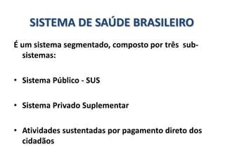 SISTEMA DE SAÚDE BRASILEIRO
É um sistema segmentado, composto por três sub-
sistemas:
• Sistema Público - SUS
• Sistema Privado Suplementar
• Atividades sustentadas por pagamento direto dos
cidadãos
 