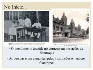 No Início...
◦ O atendimento à saúde no começo era por ações de
filantropia.
◦ As pessoas eram atendidas pelas instituições e médicos
filantropos.
 