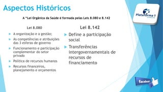 Aspectos Históricos
Lei 8.080
 A organização e a gestão;
 As competências e atribuições
das 3 esferas de governo
 Funcionamento e participação
complementar do setor
privado
 Política de recursos humanos
 Recursos financeiros,
planejamento e orçamentos
Lei 8.142
 Define a participação
social
 Transferências
intergovernamentais de
recursos de
financiamento
A “Lei Orgânica da Saúde é formada pelas Leis 8.080 e 8.142
 