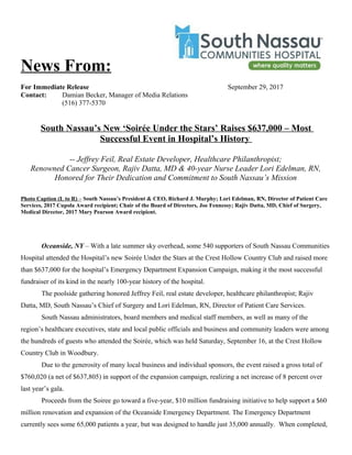 News From:
For Immediate Release September 29, 2017
Contact: Damian Becker, Manager of Media Relations
(516) 377-5370
South Nassau’s New ‘Soirée Under the Stars’ Raises $637,000 – Most
Successful Event in Hospital’s History
-- Jeffrey Feil, Real Estate Developer, Healthcare Philanthropist;
Renowned Cancer Surgeon, Rajiv Datta, MD & 40-year Nurse Leader Lori Edelman, RN,
Honored for Their Dedication and Commitment to South Nassau’s Mission
Photo Caption (L to R) – South Nassau’s President & CEO, Richard J. Murphy; Lori Edelman, RN, Director of Patient Care
Services, 2017 Cupola Award recipient; Chair of the Board of Directors, Joe Fennessy; Rajiv Datta, MD, Chief of Surgery,
Medical Director, 2017 Mary Pearson Award recipient.
Oceanside, NY – With a late summer sky overhead, some 540 supporters of South Nassau Communities
Hospital attended the Hospital’s new Soirée Under the Stars at the Crest Hollow Country Club and raised more
than $637,000 for the hospital’s Emergency Department Expansion Campaign, making it the most successful
fundraiser of its kind in the nearly 100-year history of the hospital.
The poolside gathering honored Jeffrey Feil, real estate developer, healthcare philanthropist; Rajiv
Datta, MD, South Nassau’s Chief of Surgery and Lori Edelman, RN, Director of Patient Care Services.
South Nassau administrators, board members and medical staff members, as well as many of the
region’s healthcare executives, state and local public officials and business and community leaders were among
the hundreds of guests who attended the Soirée, which was held Saturday, September 16, at the Crest Hollow
Country Club in Woodbury.
Due to the generosity of many local business and individual sponsors, the event raised a gross total of
$760,020 (a net of $637,805) in support of the expansion campaign, realizing a net increase of 8 percent over
last year’s gala.
Proceeds from the Soiree go toward a five-year, $10 million fundraising initiative to help support a $60
million renovation and expansion of the Oceanside Emergency Department. The Emergency Department
currently sees some 65,000 patients a year, but was designed to handle just 35,000 annually. When completed,
 