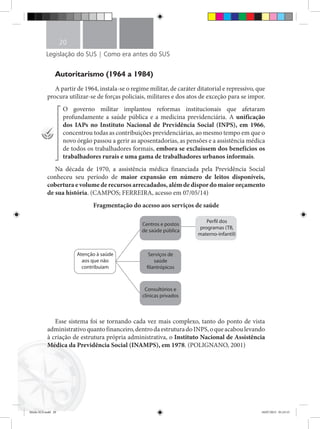 Legislação do SUS | Como era antes do SUS
20
Autoritarismo (1964 a 1984)
A partir de 1964, instala-se o regime militar, de caráter ditatorial e repressivo, que
procura utilizar-se de forças policiais, militares e dos atos de exceção para se impor.
O governo militar implantou reformas institucionais que afetaram
profundamente a saúde pública e a medicina previdenciária. A unificação
dos IAPs no Instituto Nacional de Previdência Social (INPS), em 1966,
concentrou todas as contribuições previdenciárias, ao mesmo tempo em que o
novo órgão passou a gerir as aposentadorias, as pensões e a assistência médica
de todos os trabalhadores formais, embora se excluíssem dos benefícios os
trabalhadores rurais e uma gama de trabalhadores urbanos informais.
Na década de 1970, a assistência médica financiada pela Previdência Social
conheceu seu período de maior expansão em número de leitos disponíveis,
cobertura e volume de recursos arrecadados, além de dispor do maior orçamento
de sua história. (CAMPOS; FERREIRA, acesso em 07/05/14)
Fragmentação do acesso aos serviços de saúde
Serviços de
saúde
filantrópicos
Consultórios e
clínicas privados
Centros e postos
de saúde pública
Perfil dos
programas (TB,
materno-infantil)
Atenção à saúde
aos que não
contribuíam
Esse sistema foi se tornando cada vez mais complexo, tanto do ponto de vista
administrativoquantofinanceiro,dentrodaestruturadoINPS,oqueacaboulevando
à criação de estrutura própria administrativa, o Instituto Nacional de Assistência
Médica da Previdência Social (INAMPS), em 1978. (POLIGNANO, 2001)
Miolo SUS.indd 20 18/07/2015 01:23:15
 