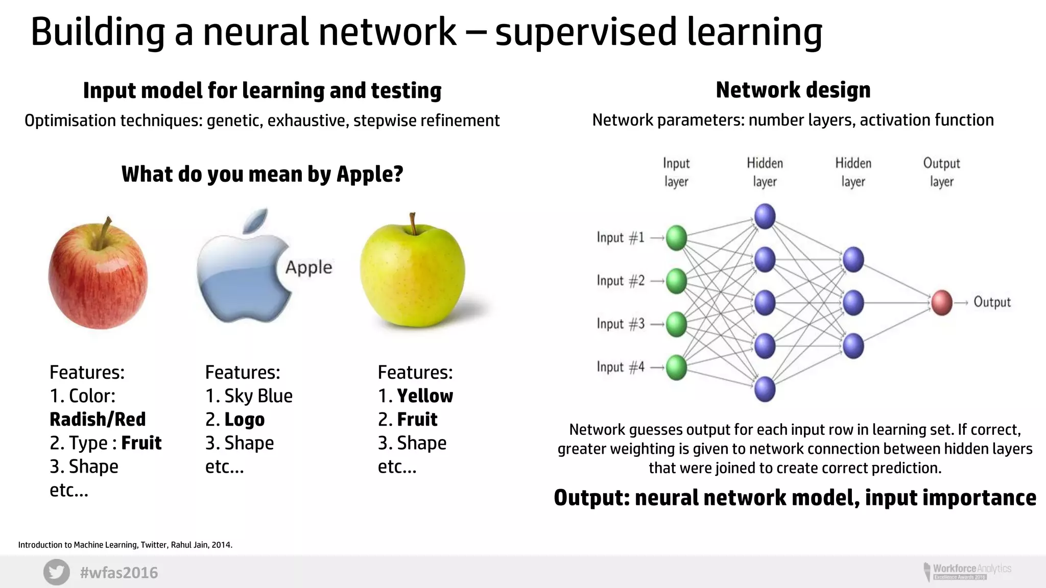 #wfas2016
Building a neural network – supervised learning
Introduction to Machine Learning, Twitter, Rahul Jain, 2014.
Features:
1. Color:
Radish/Red
2. Type : Fruit
3. Shape
etc…
Features:
1. Sky Blue
2. Logo
3. Shape
etc…
Features:
1. Yellow
2. Fruit
3. Shape
etc…
Input model for learning and testing
Optimisation techniques: genetic, exhaustive, stepwise refinement
What do you mean by Apple?
Network design
Network parameters: number layers, activation function
Network guesses output for each input row in learning set. If correct,
greater weighting is given to network connection between hidden layers
that were joined to create correct prediction.
Output: neural network model, input importance
 