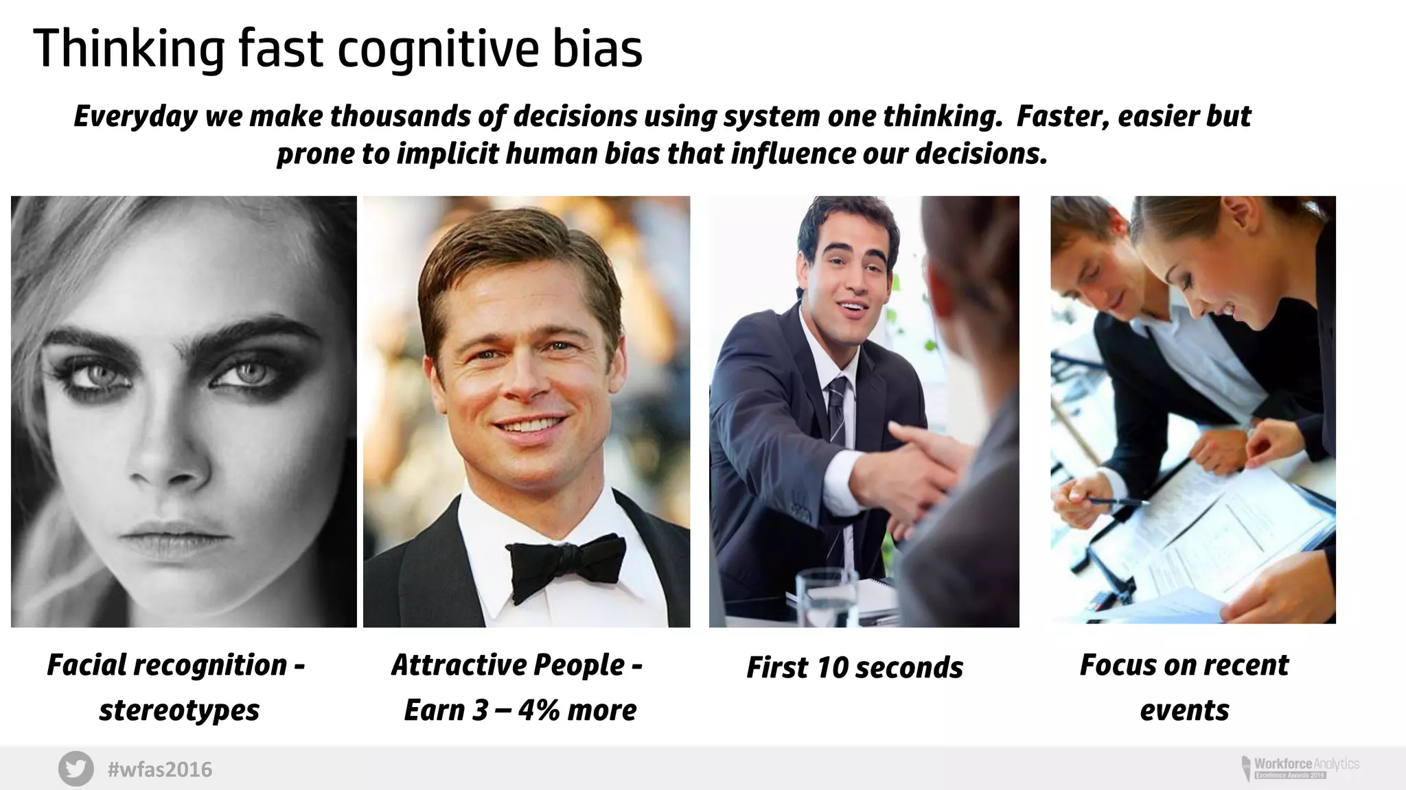 #wfas2016
Thinking fast cognitive bias
Everyday we make thousands of decisions using system one thinking. Faster, easier but
prone to implicit human bias that influence our decisions.
Facial recognition -
stereotypes
Attractive People -
Earn 3 – 4% more
Focus on recent
events
First 10 seconds
 