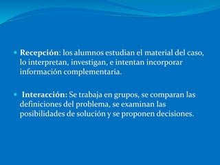  Recepción: los alumnos estudian el material del caso,
lo interpretan, investigan, e intentan incorporar
información complementaria.
 Interacción: Se trabaja en grupos, se comparan las
definiciones del problema, se examinan las
posibilidades de solución y se proponen decisiones.
 