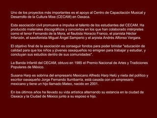 Uno de los proyectos más importantes es el apoyo al Centro de Capacitación Musical y
Desarrollo de la Cultura Mixe (CECAM) en Oaxaca.
Esta asociación civil promueve e impulsa el talento de los estudiantes del CECAM. Ha
producido materiales discográficos y conciertos en los que han colaborado intérpretes
como el tenor Fernando de la Mora, el flautista Horacio Franco, el pianista Héctor
Infanzón, el saxofonista Miguel Ángel Samperio y el arpista Andrés Alfonso Vergara.
El objetivo final de la asociación es conseguir fondos para poder brindar "educación de
calidad para que los niños y jóvenes oaxaqueños no emigren para trabajar y estudiar, y
concluyan sus estudios dentro de sus comunidades".
La Banda Infantil del CECAM, obtuvo en 1985 el Premio Nacional de Artes y Tradiciones
Populares de México.
Susana Harp es sobrina del empresario Mexicano Alfredo Harp Helú y nieta del político y
escritor oaxaqueño Jorge Fernando Iturribarría, está casada con un empresario
mexicano y tiene un hijo llamado Mateo, nacido en 2001.
En los últimos años ha llevado su vida artística alternando su estancia en la ciudad de
Oaxaca y la Ciudad de México junto a su esposo e hijo.
 