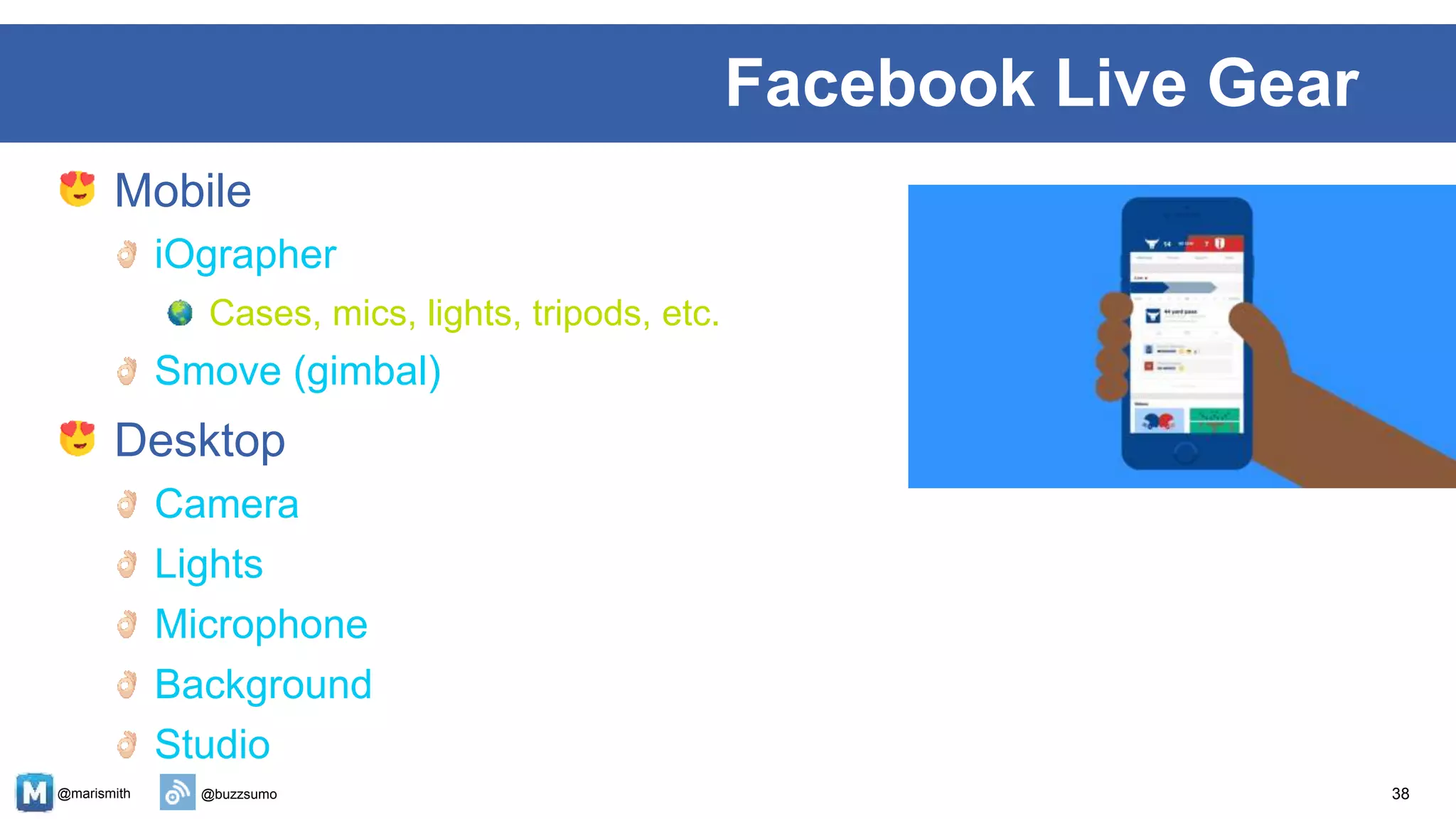 @marismith @buzzsumo
Mobile
iOgrapher
Cases, mics, lights, tripods, etc.
Smove (gimbal)
Desktop
Camera
Lights
Microphone
Background
Studio
38
Facebook Live Gear
 