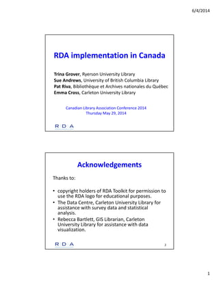 6/4/2014
1
RDA implementation in Canada
Trina Grover, Ryerson University Library
Sue Andrews, University of British Columbia Library
Pat Riva, Bibliothèque et Archives nationales du Québec
Emma Cross, Carleton University Library
Canadian Library Association Conference 2014
Thursday May 29, 2014 
Acknowledgements
Thanks to:
• copyright holders of RDA Toolkit for permission to 
use the RDA logo for educational purposes.
• The Data Centre, Carleton University Library for 
assistance with survey data and statistical 
analysis.
• Rebecca Bartlett, GIS Librarian, Carleton 
University Library for assistance with data 
visualization. 
2
 