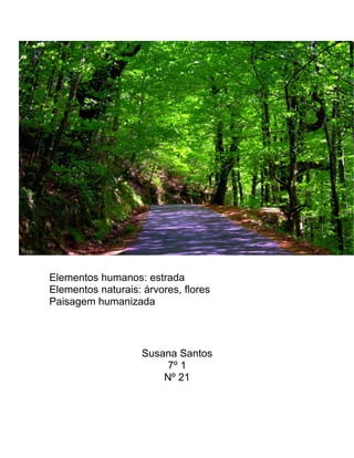 Elementos humanos: estrada
Elementos naturais: árvores, flores
Paisagem humanizada
Susana Santos
7º 1
Nº 21
 