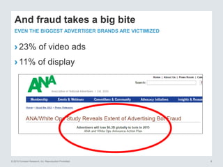 © 2015 Forrester Research, Inc. Reproduction Prohibited 9
And fraud takes a big bite
EVEN THE BIGGEST ADVERTISER BRANDS ARE VICTIMIZED
› 23% of video ads
› 11% of display
 