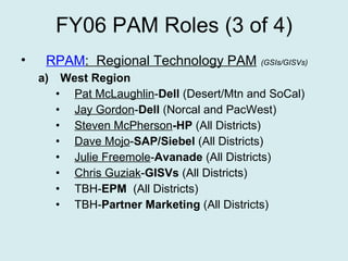 FY06 PAM Roles (3 of 4) RPAM :  Regional Technology PAM   (GSIs/GISVs) West Region Pat McLaughlin - Dell  (Desert/Mtn and SoCal) Jay Gordon - Dell  (Norcal and PacWest) Steven McPherson -HP  (All Districts) Dave Mojo - SAP/Siebel  (All Districts) Julie Freemole - Avanade  (All Districts) Chris Guziak - GISVs  (All Districts) TBH- EPM   (All Districts) TBH- Partner Marketing  (All Districts) 