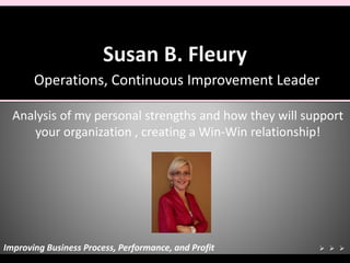Operations, Continuous Improvement Leader
Insert Photo
Here
Analysis of my personal strengths and how they will support
your organization , creating a Win-Win relationship!
Improving Business Process, Performance, and Profit   
 