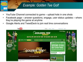 Example: Golden Tee Golf <ul><li>YouTube Channel connected to game – upload hole in one shots </li></ul><ul><li>Facebook p...