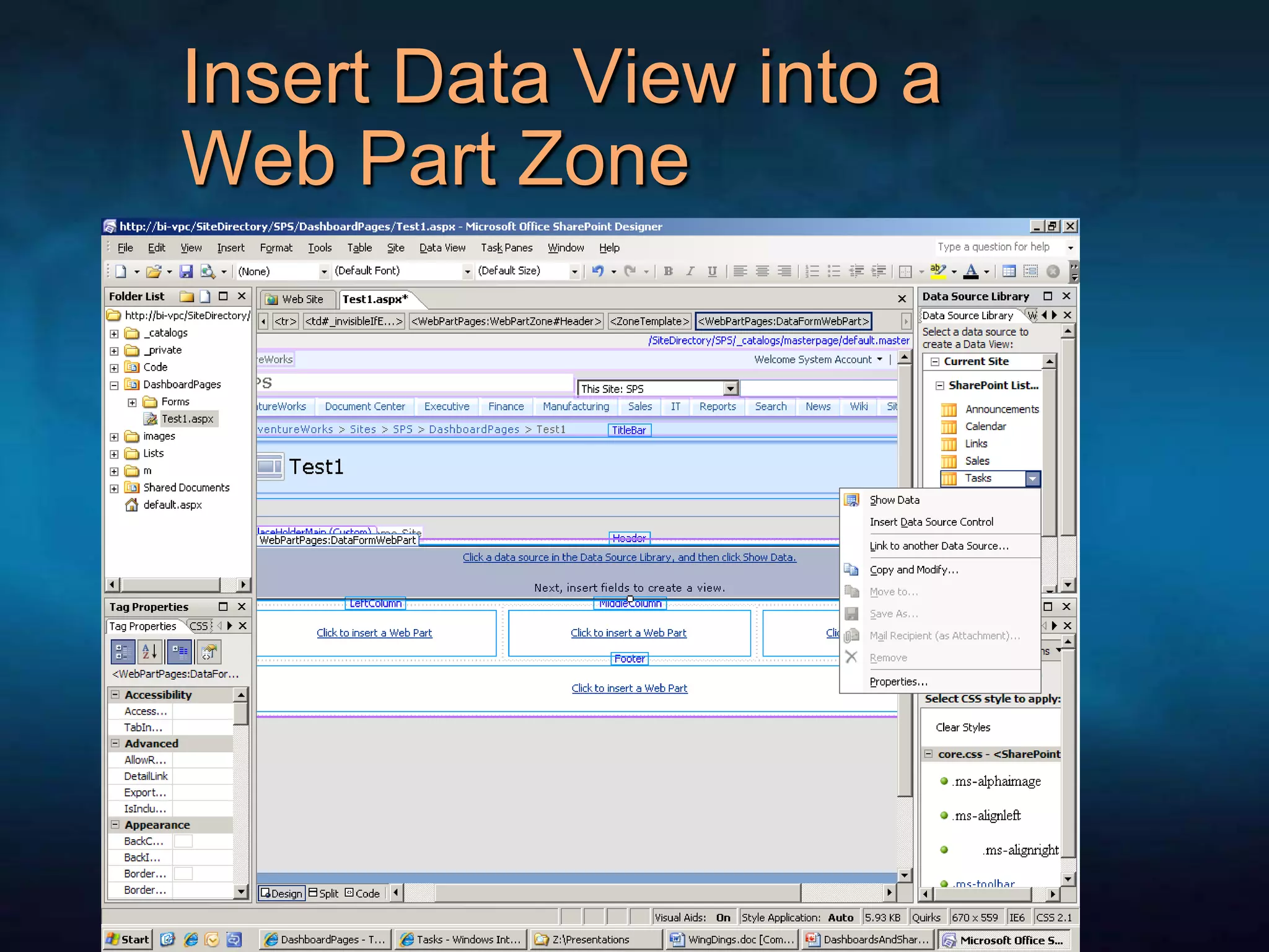 Insert Data View into a Web Part Zone 