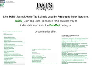 Like JATS (Journal Article Tag Suite) is used by PubMed to index literature,
DATS (DatA Tag Suite) is needed for a scalable way to
index data sources in the DataMed prototype
A community effort
 