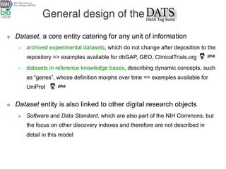 v  Dataset, a core entity catering for any unit of information
²  archived experimental datasets, which do not change after deposition to the
repository => examples available for dbGAP, GEO, ClinicalTrials.org
²  datasets in reference knowledge bases, describing dynamic concepts, such
as “genes”, whose definition morphs over time => examples available for
UniProt
v  Dataset entity is also linked to other digital research objects
v  Software and Data Standard, which are also part of the NIH Commons, but
the focus on other discovery indexes and therefore are not described in
detail in this model
General design of the
 