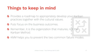 Things to keep in mind
Provides a roadmap to appropriately develop your Kanban
practices together with the cultural values...