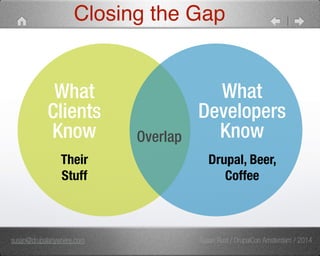 Closing the Gap 
What 
Clients 
Know 
What 
Developers 
Overlap Know 
Drupal, Beer, 
Coffee 
Their 
Stuff 
susan@drupalanywhere.com Susan Rust / DrupalCon Amsterdam / 2014 
 
