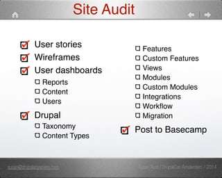 Site Audit 
User stories" 
Wireframes" 
User dashboards" 
Reports" 
Content" 
Users" 
Drupal" 
Taxonomy" 
Content Types" 
Features" 
Custom Features" 
Views" 
Modules" 
Custom Modules" 
Integrations" 
Workflow" 
Migration" 
Post to Basecamp 
susan@drupalanywhere.com Susan Rust / DrupalCon Amsterdam / 2014 
 