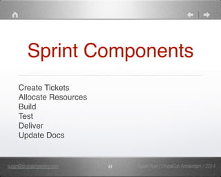 Sprint Components 
Create Tickets" 
Allocate Resources" 
Build" 
Test" 
Deliver" 
Update Docs 
susan@drupalanywhere.com 63 
Susan Rust / DrupalCon Amsterdam / 2014 
 