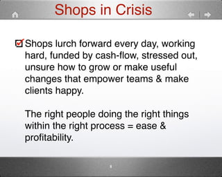 Shops in Crisis 
Shops lurch forward every day, working 
hard, funded by cash-flow, stressed out, 
unsure how to grow or make useful 
changes that empower teams & make 
clients happy. 
The right people doing the right things 
within the right process = ease & 
profitability. 
8 
 
