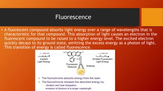 Fluorescence
• A fluorescent compound absorbs light energy over a range of wavelengths that is
characteristic for that compound. This absorption of light causes an electron in the
fluorescent compound to be raised to a higher energy level. The excited electron
quickly decays to its ground state, emitting the excess energy as a photon of light.
This transition of energy is called fluorescence.
 
