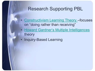 Research Supporting PBLConstructivism Learning Theory –focuses on “doing rather than receiving”Howard Gardner’s Multiple Intelligences theoryInquiry-Based Learning