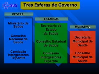 Ministério da Saúde Conselho Nacional de Saúde Comissão Intergestores Tripartite FEDERAL ESTADUAL MUNICIPA L Secretaria de Estado da Saúde Conselho Estadual de Saúde Comissão Intergestores Bipartite Secretaria Municipal de Saúde Conselho Municipal de Saúde Três Esferas de Governo 