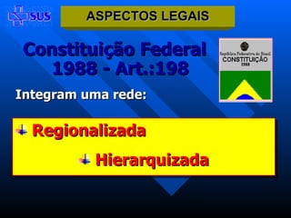 Regionalizada Hierarquizada Constituição Federal 1988 - Art.:198 ASPECTOS LEGAIS Integram uma rede: 
