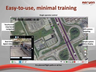 Easy-to-use, minimal training
Simple system
status display
Single operator control
Pre-planned flight paths or ad-hoc
GPS camera
targeting
Touchscreen
map-based
navigation
Real-time
digital video
 