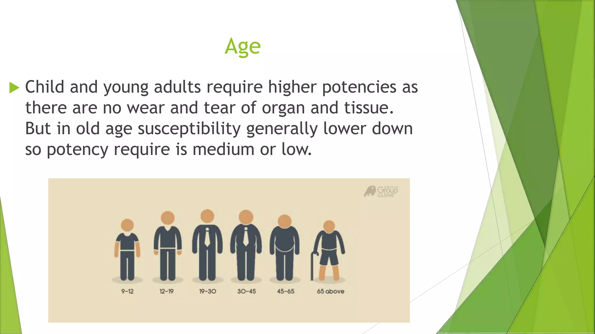 Age
 Child and young adults require higher potencies as
there are no wear and tear of organ and tissue.
But in old age susceptibility generally lower down
so potency require is medium or low.
 
