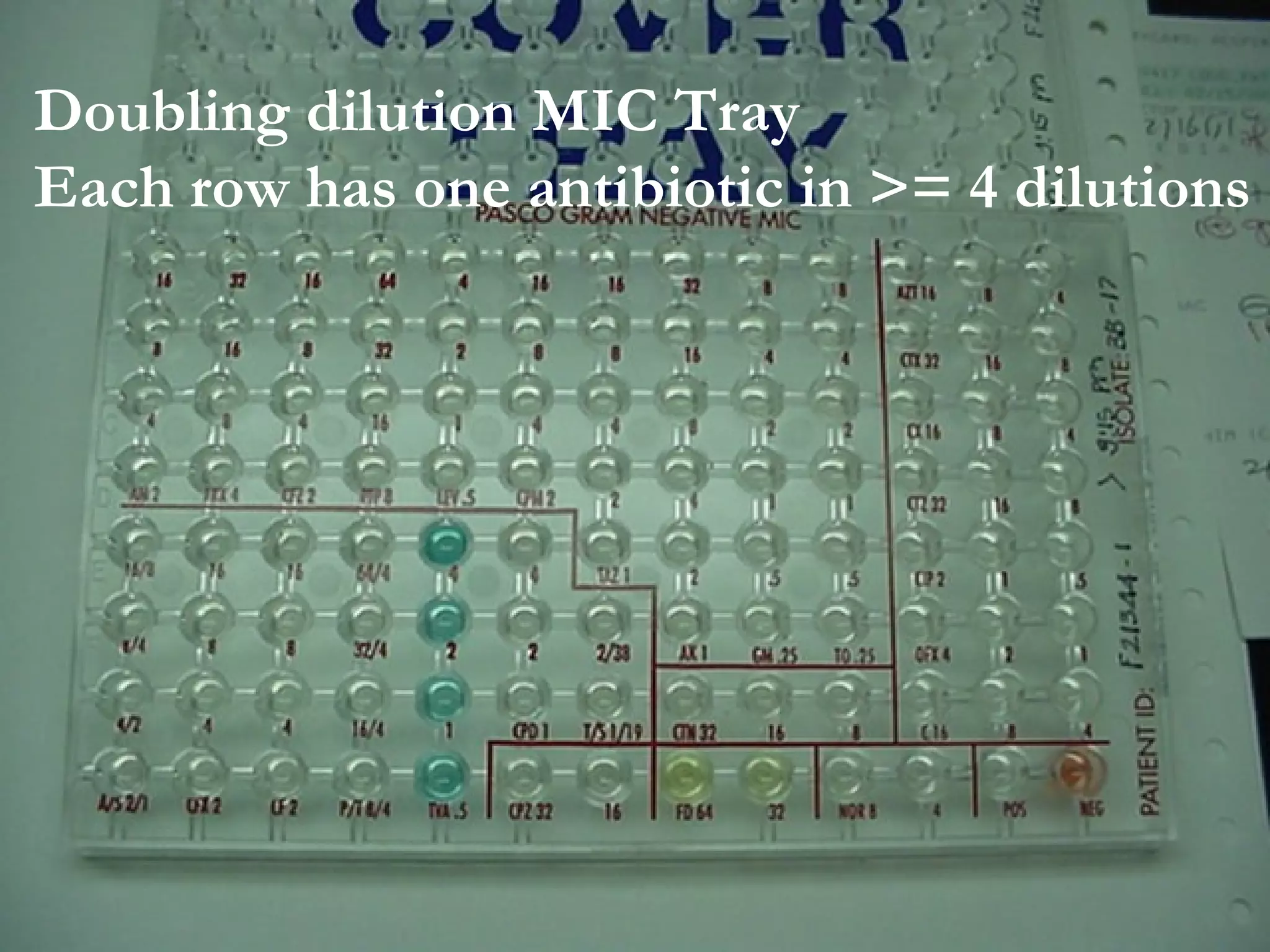 Doubling dilution MIC Tray
Each row has one antibiotic in >= 4 dilutions
 