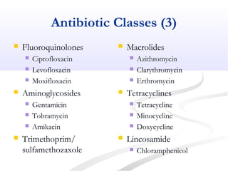 Antibiotic Classes (3)
 Fluoroquinolones
 Ciprofloxacin
 Levofloxacin
 Moxifloxacin
 Aminoglycosides
 Gentamicin
 Tobramycin
 Amikacin
 Trimethoprim/
sulfamethozaxole
 Macrolides
 Azithromycin
 Clarythromycin
 Erthromycin
 Tetracyclines
 Tetracycline
 Minocycline
 Doxycycline
 Lincosamide
 Chloramphenicol
 