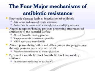The Four Major mechanisms ofThe Four Major mechanisms of
antibiotic resistanceantibiotic resistance
 Enzymatic cleavage leads to inactivation of antibioticEnzymatic cleavage leads to inactivation of antibiotic
 Beta lactam and aminoglycoside antibioticsBeta lactam and aminoglycoside antibiotics
 Active Beta lactamases and amino-glycoside modifying enzymesActive Beta lactamases and amino-glycoside modifying enzymes
 Altered receptors/binding proteins preventing attachment ofAltered receptors/binding proteins preventing attachment of
antibiotics to the bacterial surfaceantibiotics to the bacterial surface
 Altered Penicillin binding proteinsAltered Penicillin binding proteins
 Strep pneumonia resistance to penicillinStrep pneumonia resistance to penicillin
 MRSA resistance to methicillinMRSA resistance to methicillin
 Altered permeability/influx and efflux pumps stopping passageAltered permeability/influx and efflux pumps stopping passage
through porins – gram negative bacillithrough porins – gram negative bacilli
 Pseudomonas resistance to amino-glycosidesPseudomonas resistance to amino-glycosides
 Bypass of a metabolic block/metabolic block imposed byBypass of a metabolic block/metabolic block imposed by
antibioticantibiotic
 Enterococcus resistance to TMP/SXTEnterococcus resistance to TMP/SXT
 