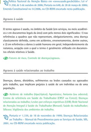 Política Nacional da Atenção Básica em <www.saude.gov.br/dab>; Lei n°
   11.350, de 5 de outubro de 2006; Portaria no 648, de 28 de março de 2006;
Emenda Constitucional no 51/2006, no CD-ROM encartado nesta publicação.


agravos à saúde


O termo agravo é usado, no âmbito da Saúde (em serviços, no meio acadêmi-
co e em documentos legais da área) com pelo menos dois significados: 1) nas
referências a quadros que não representam, obrigatoriamente, uma doença
classicamente definida, como em acidentes, envenenamentos, dentre outros,
e 2) em referências a danos à saúde humana em geral, independentemente da
natureza, acepção com a qual o termo é geralmente utilizado em documen-
tos oficiais relativos à Saúde.

     Fatores de risco, Controle de doenças/agravos.



agravos à saúde relacionados ao trabalho


Doenças, danos, distúrbios, sofrimentos ou lesões causados ou agravados
pelo trabalho, que implicam prejuízo à saúde de um indivíduo ou de uma
população.

      Acidente de trabalho (tipo/típico); Agrotóxico; Amianto (ou asbesto);
Centro de referência em Saúde do Trabalhador (CRST ou Cerest); Doenças
relacionadas ao trabalho; Lesões por esforços repetitivos (LER); Rede Nacional
de Atenção Integral à Saúde do Trabalhador (Renast); Saúde do trabalhador;
Silicose; Vigilância dos ambientes de trabalho.

     Portaria nº 1.339, de 18 de novembro de 1999; Doenças Relacionadas
     ao Trabalho – Manual de Procedimentos para os Serviços de Saúde, MS,
2001, no CD-ROM encartado nesta publicação.
 
