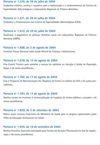 Portaria nº 1.570, de 29 de julho de 2004
Estabelece critérios, normas e requisitos para a implantação e o credenciamento de Centros de
Especialidades Odontológicas e Laboratórios Regionais de Próteses Dentárias.


Portaria nº 1.571, de 29 de julho de 2004
Estabelece o financiamento dos Centros de Especialidades Odontológicas (CEO).


Portaria nº 1.572, de 29 de julho de 2004
Estabelece o pagamento de próteses dentárias totais em Laboratórios Regionais de Próteses
Dentárias (LRPD).


Portaria nº 1.608, de 3 de agosto de 2004
Constitui Fórum Nacional sobre Saúde Mental de Crianças e Adolescentes.


Portaria nº 1.678, de 13 de agosto de 2004
Cria Comitê Técnico para subsidiar o avanço da eqüidade na Atenção à Saúde da População
Negra e dá outras providências.


Portaria nº 1.702, de 17 de agosto de 2004
Cria o Programa de Reestruturação dos Hospitais de Ensino no âmbito do SUS e dá outras pro-
vidências.


Portaria nº 1.703, de 17 de agosto de 2004
Destina recurso de incentivo à contratualização de hospitais de ensino públicos e privados e dá
outras providências.


Portaria nº 1.829, de 2 de setembro de 2004
Define novos recursos financeiros do Ministério da Saúde para os projetos apresentados pelos
Pólos de Educação Permanente em Saúde.


Portaria nº 1.935, de 16 de setembro de 2004
Destina incentivo financeiro antecipado para Centros de Atenção Psicossocial em fase de implan-
tação e dá outras providências.
 