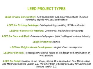 LEED PROJECT TYPES LEED for New Construction:  New construction and major renovations (the most commonly applied-for LEED certification) LEED for Existing Buildings:  Existing buildings seeking LEED certification  LEED for Commercial Interiors:  Commercial interior fitouts by tenants  LEED for Core and Shell:  Core-and-shell projects (total building minus tenant fitouts)  LEED for Homes:  Homes  LEED for Neighborhood Development:  Neighborhood development  LEED for Schools:  Recognizes the unique nature of the design and construction of K-12 schools  LEED for Retail:  Consists of two rating systems. One is based on New Construction and Major Renovations version 2.2. The other track is based on LEED for Commercial Interiors version 2.0.   