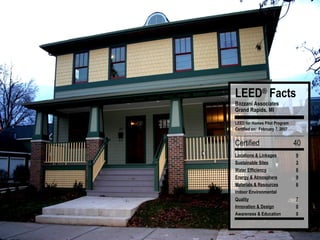 Bazzani Associates Grand Rapids, MI LEED for Homes Pilot Program Certified on:  February 7, 2007   LEED ®  Facts   Certified 40 Locations & Linkages 9 Sustainable Sites 3 Water Efficiency 6 Energy & Atmosphere 9 Materials & Resources 6 Indoor Environmental Quality 7 Innovation & Design 0 Awareness & Education 0 