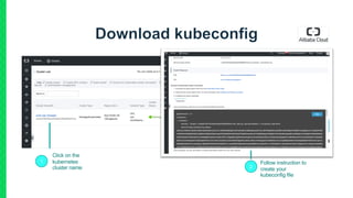 1
Click on the
kubernetes
cluster name 2
Follow instruction to
create your
kubeconfig file
 