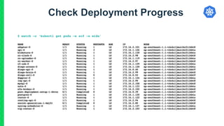 NAME READY STATUS RESTARTS AGE IP NODE
adapter-0 1/1 Running 1 1d 172.16.2.101 ap-southeast-1.i-t4n4u1jmuzikc2iikbt8
api-0 1/1 Running 3 1d 172.16.1.126 ap-southeast-1.i-t4n4u1jmuzikc2iikbta
blobstore-0 1/1 Running 1 1d 172.16.1.130 ap-southeast-1.i-t4n4u1jmuzikc2iikbta
cc-clock-0 1/1 Running 1 1d 172.16.2.98 ap-southeast-1.i-t4n4u1jmuzikc2iikbt8
cc-uploader-0 1/1 Running 1 1d 172.16.1.119 ap-southeast-1.i-t4n4u1jmuzikc2iikbta
cc-worker-0 1/1 Running 1 1d 172.16.2.97 ap-southeast-1.i-t4n4u1jmuzikc2iikbt8
cf-usb-0 1/1 Running 1 1d 172.16.1.129 ap-southeast-1.i-t4n4u1jmuzikc2iikbta
diego-access-0 1/1 Running 1 1d 172.16.1.120 ap-southeast-1.i-t4n4u1jmuzikc2iikbta
diego-api-0 1/1 Running 1 1d 172.16.0.45 ap-southeast-1.i-t4n4u1jmuzikc2iikbt9
diego-brain-0 1/1 Running 1 1d 172.16.2.99 ap-southeast-1.i-t4n4u1jmuzikc2iikbt8
diego-cell-0 1/1 Running 5 1d 172.16.0.52 ap-southeast-1.i-t4n4u1jmuzikc2iikbt9
doppler-0 1/1 Running 1 1d 172.16.1.124 ap-southeast-1.i-t4n4u1jmuzikc2iikbta
log-api-0 1/1 Running 1 1d 172.16.2.95 ap-southeast-1.i-t4n4u1jmuzikc2iikbt8
mysql-0 1/1 Running 1 1d 172.16.2.100 ap-southeast-1.i-t4n4u1jmuzikc2iikbt8
nats-0 1/1 Running 1 1d 172.16.1.123 ap-southeast-1.i-t4n4u1jmuzikc2iikbta
nfs-broker-0 1/1 Running 1 1d 172.16.2.102 ap-southeast-1.i-t4n4u1jmuzikc2iikbt8
post-deployment-setup-1-4kvxz 0/1 Completed 0 1d 172.16.0.39 ap-southeast-1.i-t4n4u1jmuzikc2iikbt9
postgres-0 1/1 Running 1 1d 172.16.1.125 ap-southeast-1.i-t4n4u1jmuzikc2iikbta
router-0 1/1 Running 1 1d 172.16.1.122 ap-southeast-1.i-t4n4u1jmuzikc2iikbta
routing-api-0 1/1 Running 1 1d 172.16.2.94 ap-southeast-1.i-t4n4u1jmuzikc2iikbt8
secret-generation-1-kmjfr 0/1 Completed 0 1d 172.16.2.85 ap-southeast-1.i-t4n4u1jmuzikc2iikbt8
syslog-scheduler-0 1/1 Running 1 1d 172.16.1.127 ap-southeast-1.i-t4n4u1jmuzikc2iikbta
tcp-router-0 1/1 Running 1 1d 172.16.2.103 ap-southeast-1.i-t4n4u1jmuzikc2iikbt8
$ watch –c ‘kubectl get pods –n scf –o wide’
 